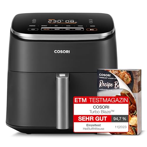 COSORI Heißluftfritteuse XXL Turbo Blaze, 6L Airfryer, Heissluftfritteuse mit 5 Geschwindigkeitsstufen&9 Funktionen, 30°-230°, 87 Online-&30 Papierrezepte, 96 Cooking Charts, Energiesparung, Kompakt