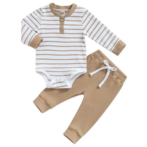 JiAmy Baby Jungen Kleidung Langarm Gestreift Body Strampler + Hose Outfit Set Neugeborene Weiche Baumwolle Babykleidung 3-6 Monate Beige