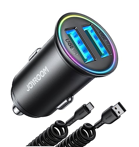 JOYROOM Zigarettenanzünder USB Adapter, 4.8A Mini Metal Auto Ladegerät mit 1.5M Spiral Type C Ladekabel 2-Port USB Kfz Ladegerät für iPhone 15/14/13/12, iPad Pro/Air, Galaxy S23/S22/S21