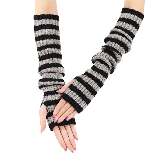 Luckwaii Lange Armwärmer Gestreift Fingerlose Handschuhe Armstulpen Ellenbogenlange Armsleeve Winter Thermo Dehnbar Strickhandschuhe mit Daumenloch für Damen