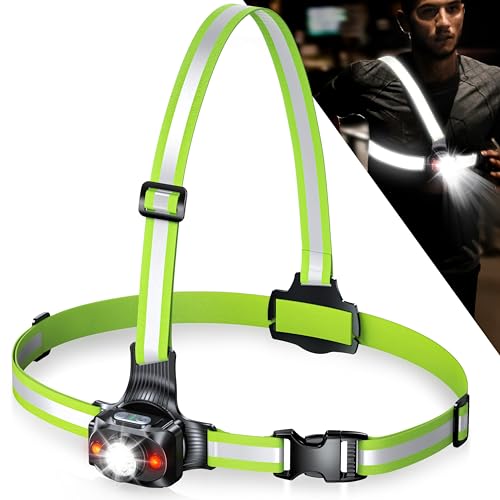 ISEYOU Lauflicht, 500 Lumen Lauflampe Joggen 45° Verstellbar, 2 Lichtfarben, USC Wiederaufladbare, Wasserdichtes Brustlampe Sport mit 360° Reflektierende Leuchtweste für Camping Radfahren