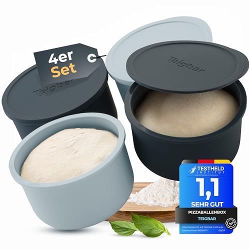 Teigbar Pizzaballenbox mit Deckel, 4er Set - platzsparende Teigbox aus löse-leichtem Silikon - bis zu 350g Pizzateig Box - Gärbox, Pizza Zubehör, Pizza Box - Schwarz/Grau - Ø13cm