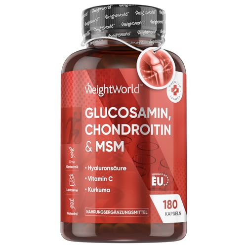 Glucosamin Chondroitin MSM 1560mg - 180 Kapseln mit Vitamin C, Kurkuma & Hyaluronsäure - Für Knochen, Immunsystem, Knorpel, Zähne & Haut (EFSA) - 3 Monate Vorrat - Glucosaminsulfat - Von WeightWorld