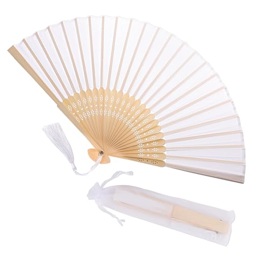 Handfächer, Klein Handfächer aus Stoff für eine Abkühlung im Sommer, Faltbar Handfächer mit Quaste und Fan-Tasche - für Hochzeite Bevorzugung Aufführung Tanz Dekoration (Weiß)