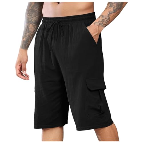 Hosen Herren Sommer elastischer Bund, Klassische Passform, Sommer-Strand-Freizeitshorts Fußballhose(Schwarz,M)