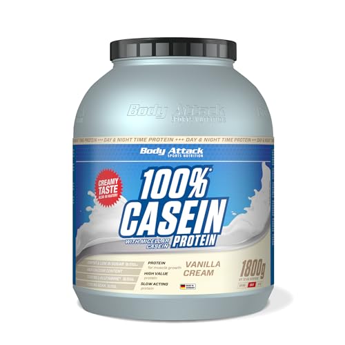 Body Attack 100% CASEIN PROTEIN - Vanilla Cream, 1,8 kg - Hochwertiges Protein Pulver für Muskelaufbau Training -langanhaltende Eiweiß Versorgung-ideale Ergänzung zu Whey Protein