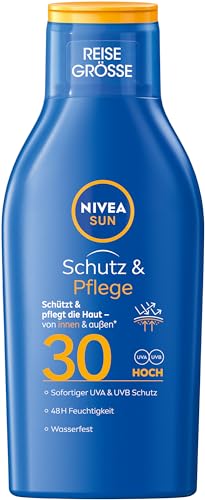 NIVEA SUN Schutz & Pflege Sonnenmilch LSF 30 Reisegröße (100 ml), Sonnencreme für 48h Feuchtigkeit, sofortiger Sonnenschutz vor UVA-/UVB-Strahlen