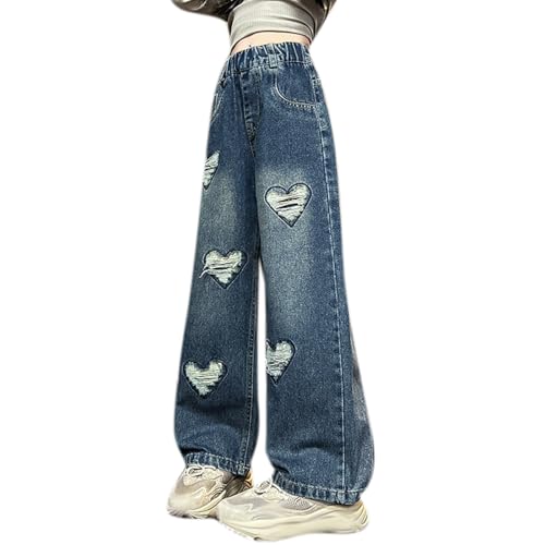 Generisch Jeans Baggy Jeans Mädchen Y2K Weites Bein Cargohose Schlaghose Jeanshose Mit Stickereien Mit Taschen Schlupfjeans 3-15 Jahre
