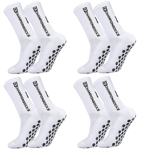 Opopark 4 Paare Fußballsocken Herren 39-44 Sportsocken Herren Anti Rutsch Grip Fußball Socken Rutschfeste Grip Socken für Fussball Basketball Laufen(weiß)