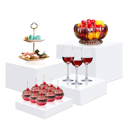 4 Stück Buffet Riser Acryl Ständer für Präsentation Weiße Buffet Erhöhungen Dessert-Ständer mit hohlen Böden 4 verschiedene Würfelgrößen Displayständer Dessert Tisch Display Set für Lieferanten