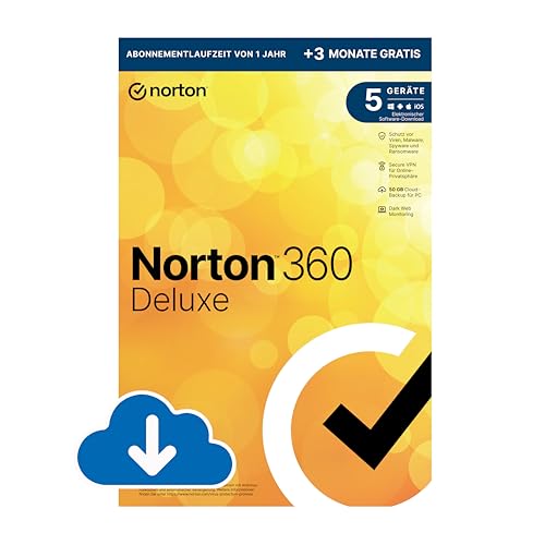 Norton 360 Deluxe 2024, 5 Geräte, Antivirus, Secure VPN, Passwort-Manager, 15-Monate-Abonnement, PC,Mac,Android,iOS, Aktivierungscode per Email