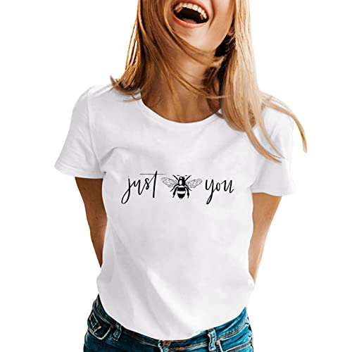 Damen Frühling Sommer Bees Bedrucktes Kurzarm-T-Shirt mit O-Ausschnitt Glitzer Ohrringe Damen Lässige Kurzarm Schwarze Bluse Damen Elegant Baumwolle Lashirt Damen