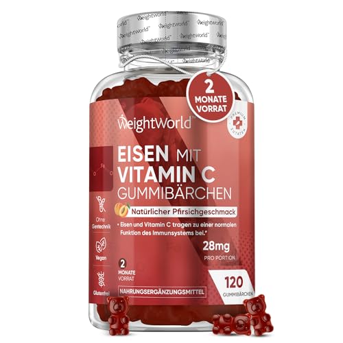 Eisen Vitamin C Gummibärchen - 38mg pro Portion - 120 Iron Gummies mit Pfirsichgeschmack - Immunsystem, Stoffwechsel (EFSA) - 28mg Eisen & 10mg Vitamin C - Alternative zu Eisentabletten - WeightWorld