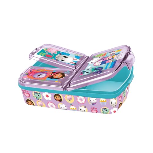 p:os 36543 - Gabbys Dollhouse Brotdose für Kinder mit 3 Fächern, Lunchbox aus Kunststoff mit Clip-Verschlüssen, Vesperdose für Kindergarten, Schule und Freizeit