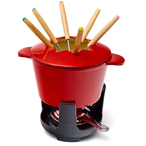 Bonvivre Gusseisen Fondue Set für 6 Personen - 1 Liter - Fondueset 13-teilig mit Brenner und 6 Gabeln - mit Emaille-Beschichtung - geeignet für Käsefondue Schokofondue Fleischfondue Gemüsefondue