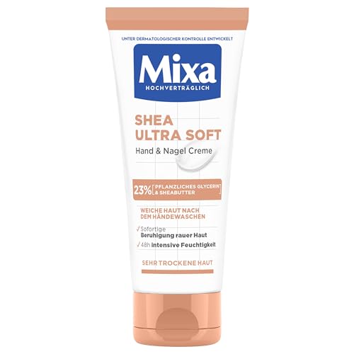 Mixa Shea Ultra Soft Hand & Nagelcreme - pflegender Handbalsam für trockene, rissige und raue Hände, Schutz & intensive Pflege mit Glycerin und Sheabutter, 100 ml