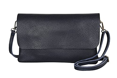 AmbraModa GLX11 - Damen Umhängetasche, Clutch, Handytasche aus echtem Leder mit abnehmbarem und verstellbarem Schultergurt, geeignet für Handys und Tablets bis zu 7 Zoll (Dunkelblau)