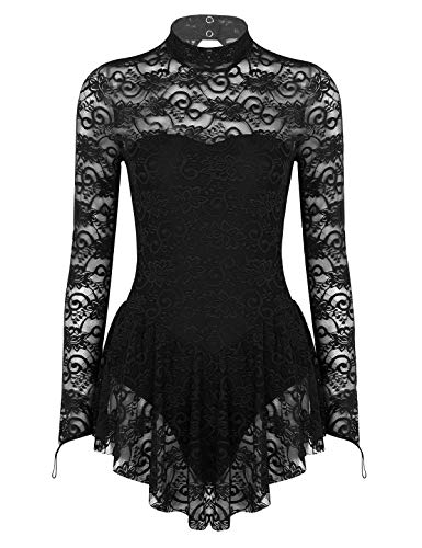 iEFiEL Damen Ballettkleid Rollkragen Spitzen Eiskunstlauf Kleid Tanzkleid Langarm Ballettanzug Trikot Body Wettkampf Sportkleid Schwarz S