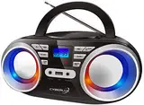 Tragbarer CD-Player | LED-Disco-Lichter | Boombox | CD/CD-R | USB | FM Radio | AUX-Eingang | Kopfhöreranschluss | 20 Speicherplätze | Kinderradio | CD-Radio | Kompaktanlage (Black/Sunny Silver)