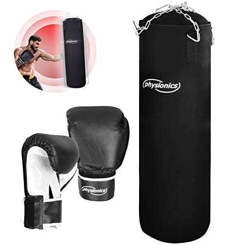 Physionics® Boxsack Set - mit Boxhandschuhen, Gefüllt, 25 kg, H100cm, Vierpunkt-Stahlkette - Erwachsene Punchingsäcke, hängend Boxen Sandsack, Punching Bag für Kickboxen, MMA, Kampfsport, Muay Thai