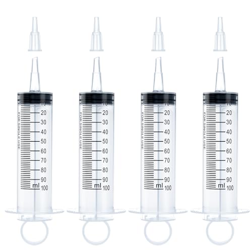 4 Stück Spritzen 100ml Kolostrum Spritze, Kunststoffspritzen mit Kappen aufziehspritze Ohne Nadel, Sterile Einzelverpackung für Wissenschaftliche Labore Füttern von Haustieren (4 x 100ml)