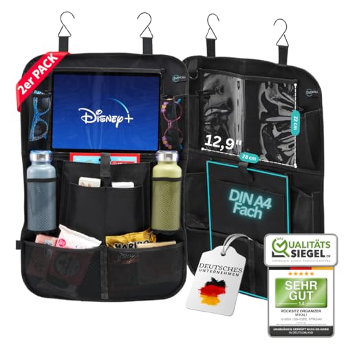 2er Set Auto Organizer 2te Generation | Kinder mit großem Fach für Spielzeug & Tablet bis 12,9 Zoll, Baby & Reise Gadget, Urlaub Zubehör, Rückenlehnenschutz, Rücksitzschoner, Tasche Reisen, schwarz