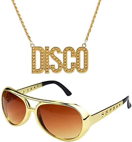 jerbro 2er Fette Gangster Kette & Brille Gold 70er 80er 90er Hustler Rapper Hiphop Kostüm Bad Taste für Cosplay Halloween Fasching Karneval Thema Party