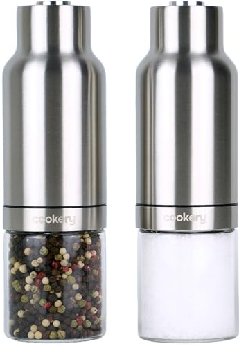 Cookery Salz und Pfeffermühle elektrisch Set aus Edelstahl mit Keramikmahlwerk Pfeffermühle elektrische Gewürzmühle Salzstreuer Pfefferstreuer Salzmühle Salt Pepper Grinder Mill Mühlenset (Silber)
