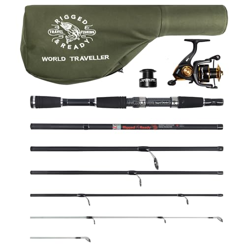 Rigged and Ready World Traveller Reise-Angelruten-, Rollen- und Kofferset. Kompakt 6 Abschnitte, 2 Spitzen. 215 cm 7'+ 1.9 cm 6’ 1” Nano-Carbon-Angelrutenoptionen.Spin Bait Karpfen Hecht Meeresangeln