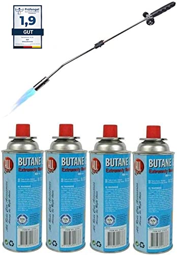 Unkrautbrenner RHP Unkrautvernichter 80cm, inkl 4 Butangaskartuschen je 227g, Gasbrenner mit Piezozündung, Abflammgerät max 1000 °C, Brenner Flamme regulierbar, Grillanzünder