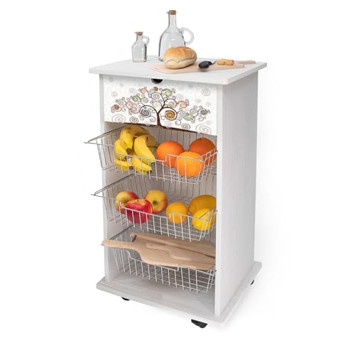 Lupia - Multifunktions-Küchenwagen, weiß, Tree White, Obstkorb, Lenkrollen, Ablage, drei herausnehmbare Körbe aus Stahl, Holz 40 x 45 x 85 cm, montiert