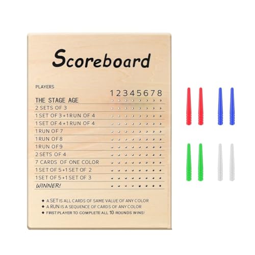 NJTHNTJR Phase 10-Punktetafel, 2025 Neue Hölzerne Phase 10-Punktetafel und Rundenzähler mit 8 Farbigen Stiften, Phase 10-Punkteblätter