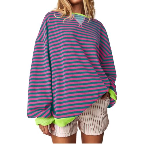 HGWOPGASD Gestreiftes Langarmshirt Oversized T Shirt Bedrucken Grünes Tshirt Damen Sommer Pullover Damen Dünne Pullover Damen Striped Sweatshirt Striped Sweatshirt Pullover Gestreifter Striped Long