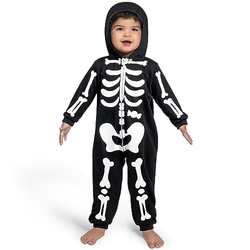 Spooktacular Creations Unisex Skelett Jumpsuit Pyjama für Babys, Plüsch Zip-Up schwarz mit Kapuze Jumpsuit Skelett Halloween Cosplay Kostüm Schlafanzug