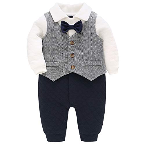 Bebone Baby Jungen Strampler Taufe Hochzeit Babykleidung Langarm Anzug (Grau, 3-6 Monate)