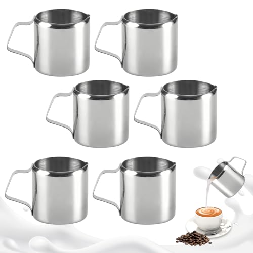 WIYETY 6 Stück Milchkännchen Edelstahl 90ml, Mini Milchschaumkännchen 3oz, Klein Espresso Kännchen, Aufschäumkännchen Milch, Kleine Kännchen für Kaffeesahne Cappuccino Latte