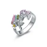 Clataly Regenbogen Einhorn Ring mit Strass Einstellbare Öffnung Cartoon Einhorn Mädchen Ring (Silber)