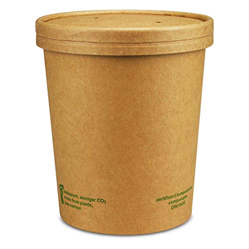 pack2go Soup to Go-Container Urban Leaf - 32oz/900ml, kompostierbar nach EN 13432, brauner Pappbecher mit Dampfdeckel und PLA-Beschichtung für Suppenbars, 250 Stück