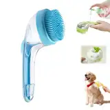 Hunde Badebürste, Hundebürste Nachfüllbares Hundeshampoo, Hunde Waschbürste mit Seifenspender, Massage Badebürste mit Langem Griff für Katzen und Hundedusche (Blau Feine Zähne)