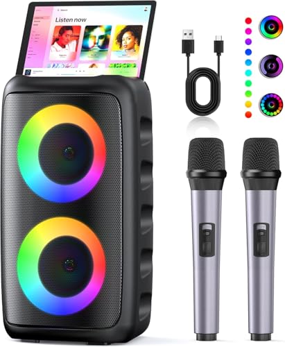 Karaoke Maschine (2025 Neueste Generation) | Karaoke Anlage mit 2 Mikrofone Bluetooth Lautsprecher | Unterstützt TV/Smartphone/iPad/TWS/AUX/USB/FM | Für Party, Geburtstag, Reisen (Schwarz)