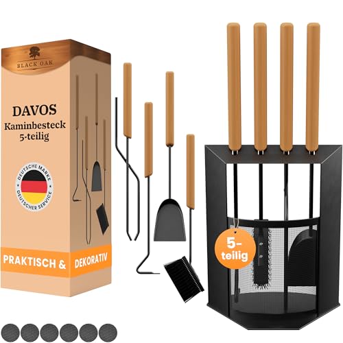 BLACK OAK Kaminbesteck DAVOS 5-teilig - edles & dekoratives Ofenbesteck Set schwarz mit Holzgriff 5 teilig Ständer + Kaminzange Schürhaken Ascheschaufel Kaminbesen Stahl Kaminzubehör Besteck für Ofen
