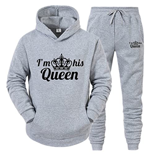 Minetom Pärchen Sportanzug King Queen Pullover Kapuzenpullover Hoodie Valentinstag Liebespaar Couple Jogginganzug Freizeitanzug Oberteile und Hose Set für Paare Grau Queen L