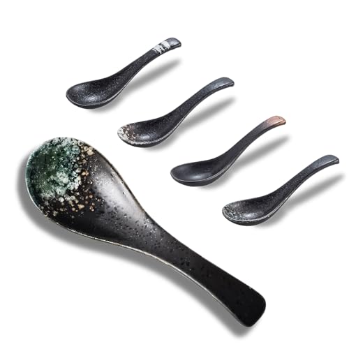 Keramik Suppenlöffel-Set, 5 Stück, Retro Stil, asiatisches Nudelbesteck 5 Stücke Keramik Löffel Set Retro Chinesische Ramen-Suppenlöffel Japanische Suppenlöffel für Suppe Dumplings