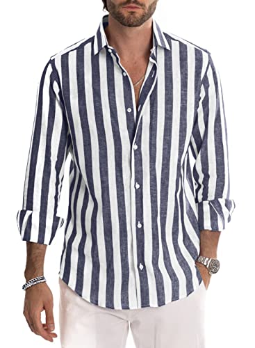 Meilicloth Herren Hemd Langarm Sommer Gestreifte Freizeithemden Casual mit Knöpfen Regular Fit Navy blau Weiß XL