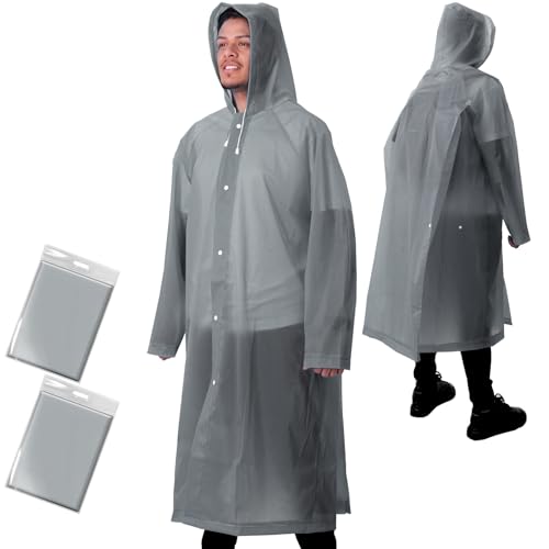 ANYOO 2 Stück Unisex Regenponcho mit Ärmeln, Lang Regenmantel Regenjacke mit Kapuze und Zusätzlichem Platz für den Rucksack zum Wandern, Festival, Radfahren, Camping, Grau, Einheitsgröße