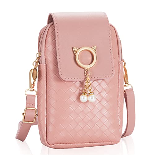 QH-Shop Handy Umhängetasche Damen Handytasche Zum Umhängen Mädchen Süße Katze Klein Pu Leder Crossbody Tasche con Verstellbar Schultergurt Rosa