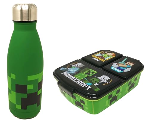 Theonoi Brotdose Set Kinder Lunchbox Sandwichbox mit Unterteilung/Fächern und Trinkflasche Wasserflasche (Minecraft A)