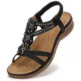 Littleplum Damen Sandalen Sommer Flach Sandalette Bohemia Strand Sandalen,Schwarz,40 EU