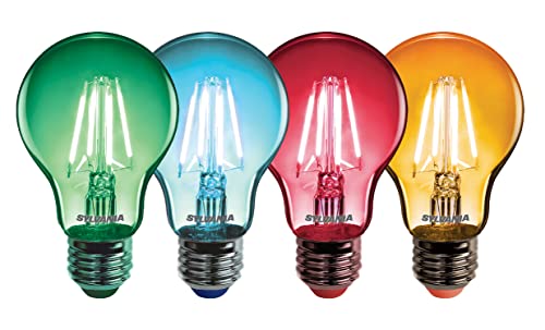 SYLVANIA Retro LED Lampe Helios Chroma A60, E27 Sockel, 4 Watt, Lichterkette, Klarer Kolben in Birnen Form, 106mm Höhe, 60mm Durchmesser, 4 Stück, Mehrfarbig - Grün, Blau, Rot, Gelb