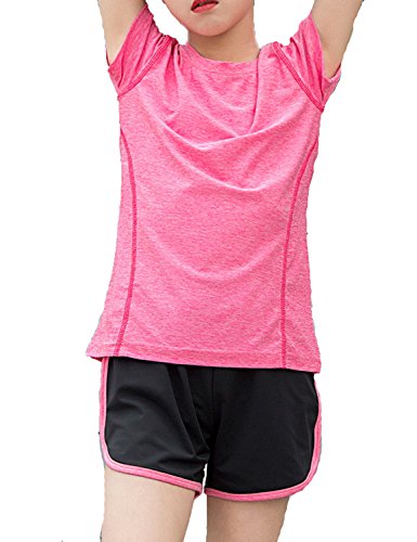 Echinodon Mädchen Sport-Set Schnelltrockend Shirt + Shorts Anzug für Yoga Jogging Training Rosa 110